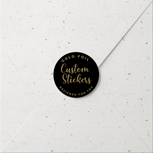 Custom sluitsticker met goudfolie - rond zwart