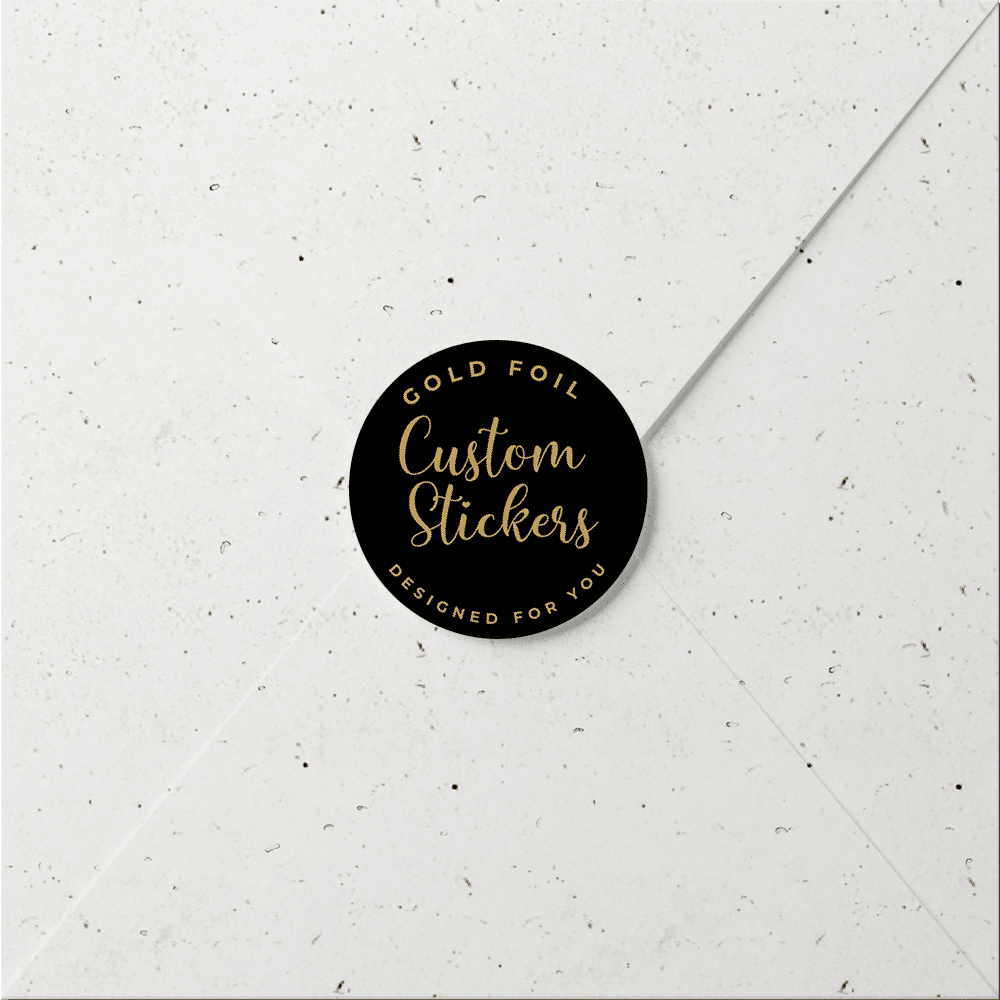 Custom sluitsticker met goudfolie - rond zwart