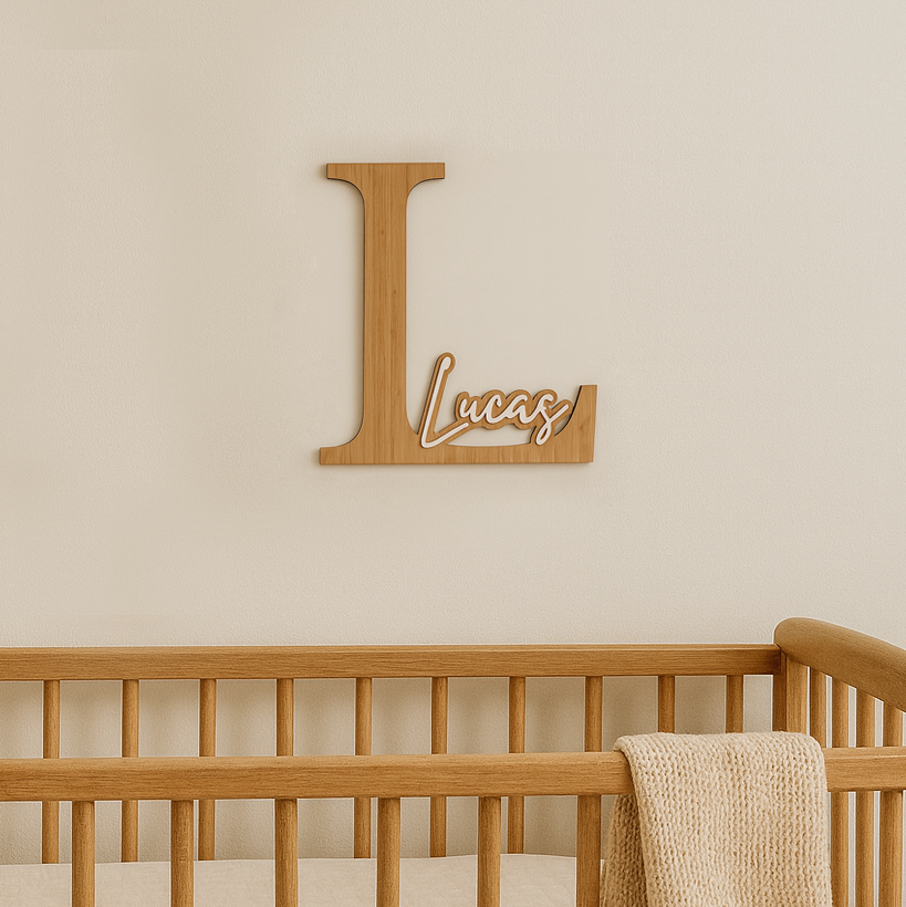 Bamboe naambord met 3D letters voor kinderkamer